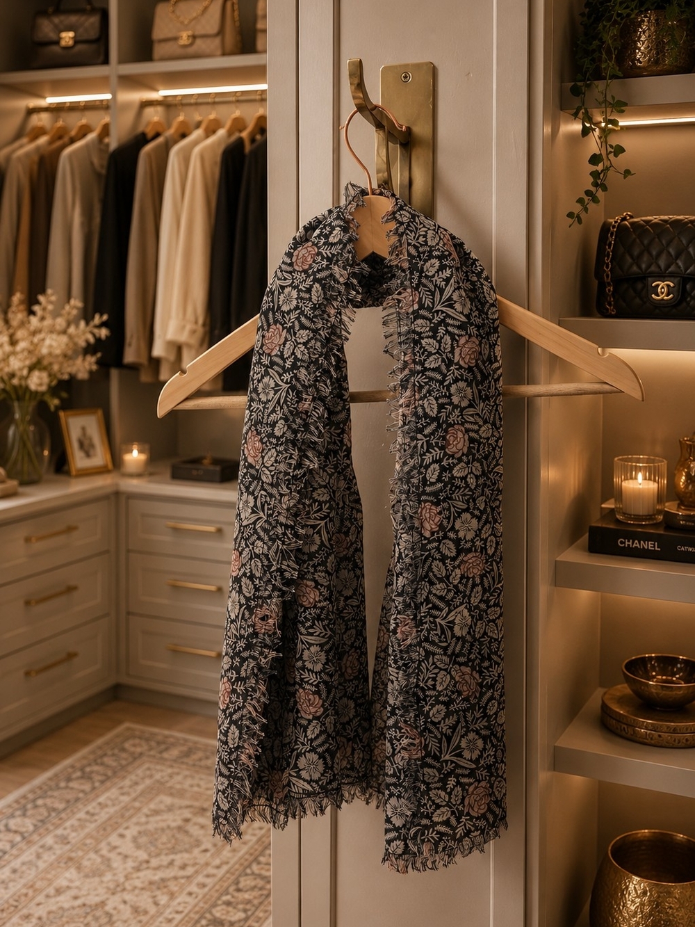 Elegant Floral Scarf in Black and Blush
